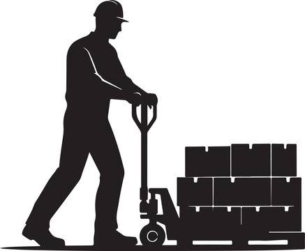 Silhouette of a worker pushing a loaded pallet jack