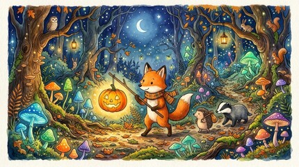Fototapeta premium Little Fox with Pumpkin Lantern in Glowing Mushroom Forest