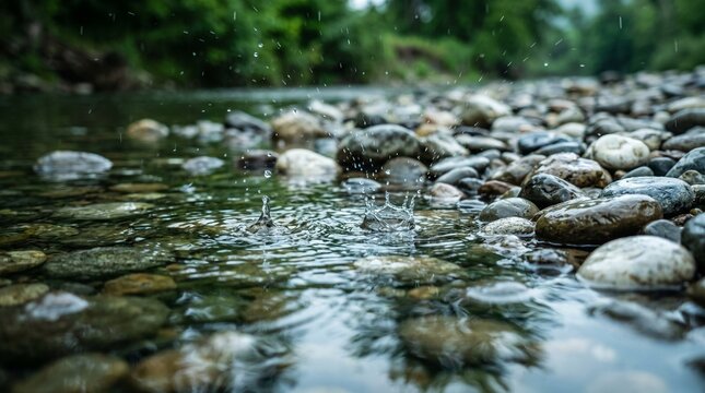 Raindrops Splashing on Pebbles in Clear Stream
