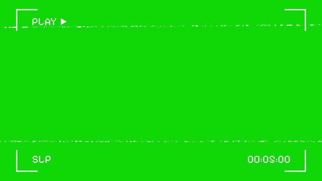 A blank green screen displayed on a retro vhs video recorder showing the play and stop buttons in a simple interface