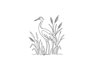 Fototapeta premium A minimalist line art drawing of a graceful heron standing among tall reeds.
