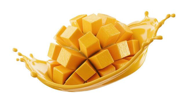 A ripe mango fruit cut into small uniform cubes, arranged in a heap, surrounded by a thick, creamy, yellow mango juice splash, black background
