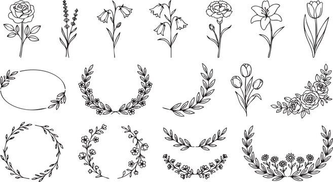 Hand Drawn Floral Wreaths and Flower Line Art Vector Elements