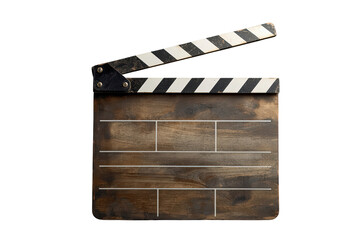 Fototapeta premium Wooden clapperboard opening, representing film making, directing, and cinema production. Transparent background provided for easy use