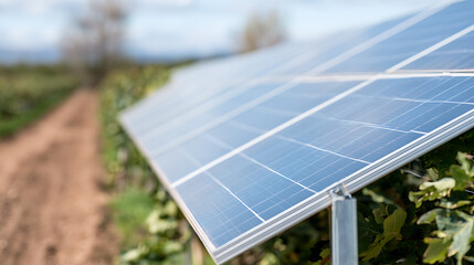 Fototapeta premium Solar panels shine brightly amidst a verdant agricultural field on a sunny day, highlighting sustainable energy and eco-friendly technology