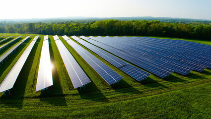 Sunlit solar array in a wide green field, showcasing a sustainable energy production facility © PG Studio