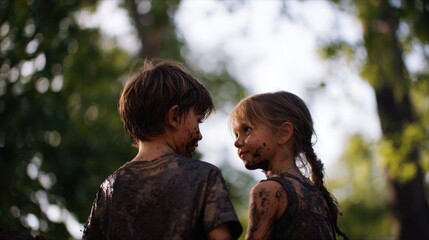 Fototapeta premium Two Muddy Children Looking at Each Other in a Sunlit Forest