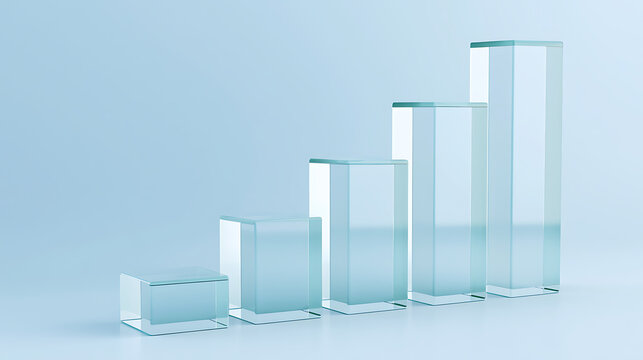 Minimalist clear glass geometric blocks arrange as a bar chart, show growth and progress on a light blue background for abstract elegance