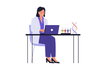 Fototapeta premium Illustration of Biologist Analyzing DNA Model on Laptop. A female molecular biologist working on her laptop next to a colored DNA double helix model and test tubes