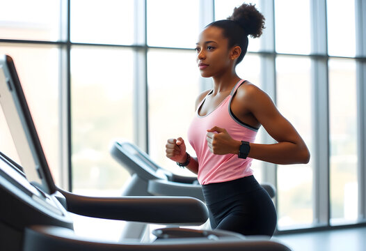 Focused young woman jogging on treadmill in gym