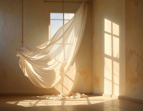 Light flowing through a window onto a draped curtain