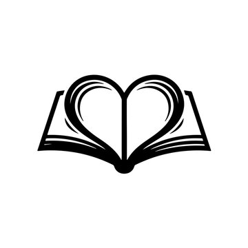 An elegant black and white icon featuring an open book stylized into a heart shape, symbolizing the love for reading, literacy, and the beauty of storytelling.
