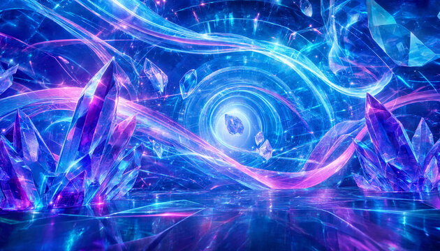 Glowing blue and purple crystals arranged in a mystical cavern with swirling light trails and a central vortex tunnel in the dark background