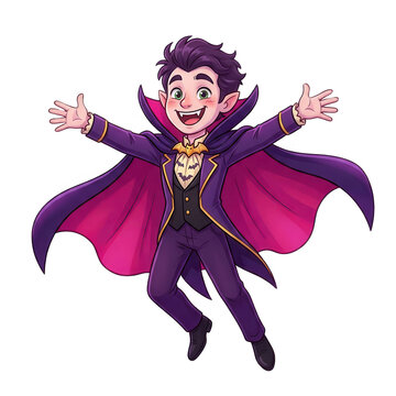 Cartoon vampire boy flying with cape and happy smile