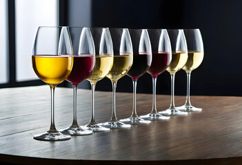 Obraz premium Close-up of eight wine glasses with red and white wine