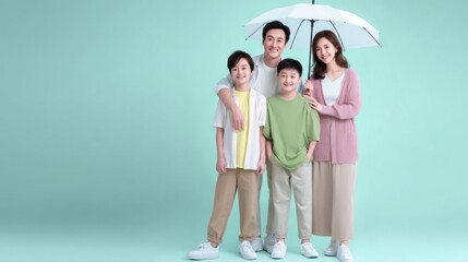 Fototapeta premium Happy Asian family of four under white umbrella on mint background
