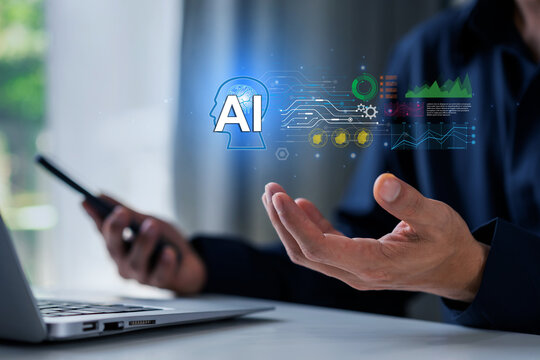 Businessman working on laptop with AI agents and assistants to enhance workflows with AI tools, Artificial Intelligence and automation concepts