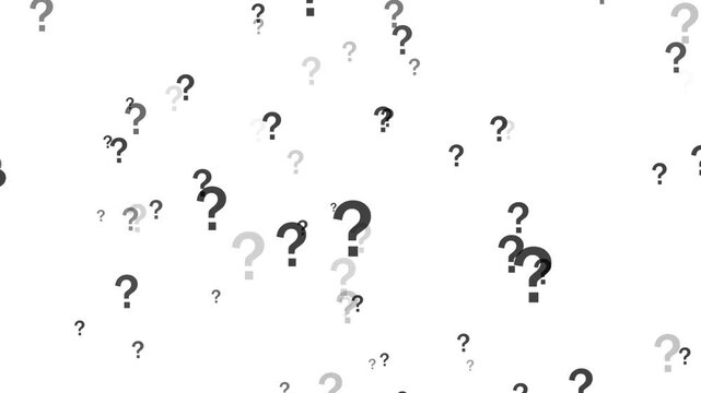 Animation of numerous question marks appearing small and growing larger; concept of ideas and questions; transparent background; 4K video.
