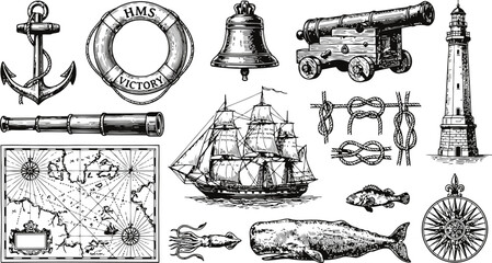Collection of nautical elements rendered in an engraving vintage style for maritime themes © Mahi Fattah