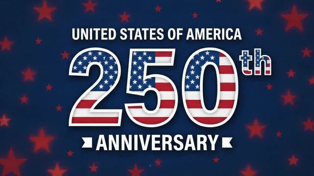 United States 250th anniversary logo with flag patterns on starry blue background