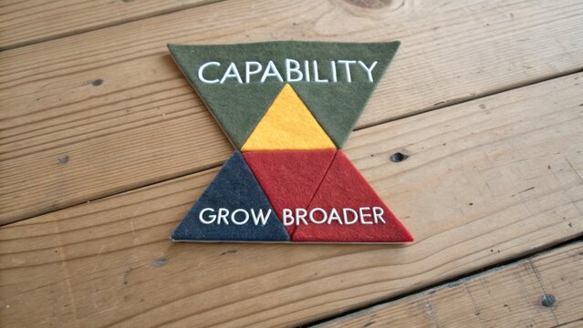 Colorful geometric shapes with words capability and grow broader on wooden background for motivation and inspiration themes