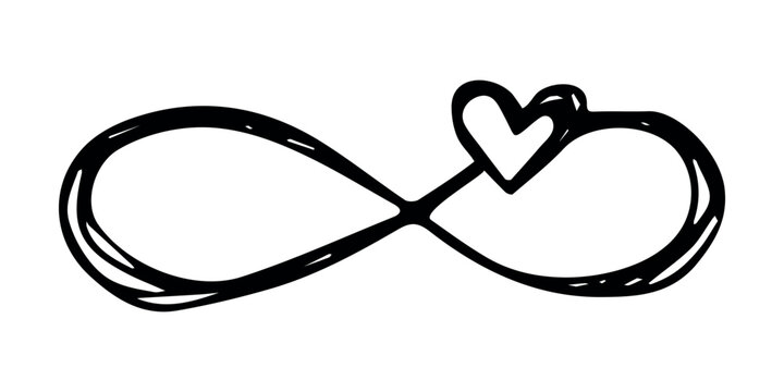 Hand drawn infinity sign with heart Eternal limitless unlimited infinite forever symbol Cycle endless life concept doodle For design print logo tattoo