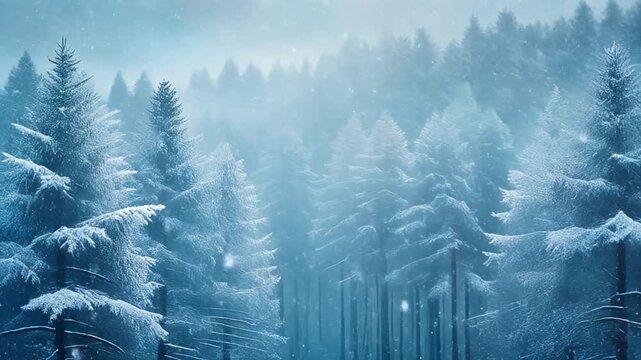 Scenic Winter Forest with Light Snow Falling Through Frosty Pine Trees