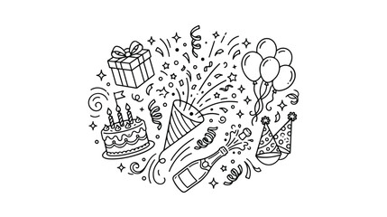 Hand drawn birthday party doodle collection, festive celebration icons with cake and balloons, black and white line art vector for greeting cards © Syed