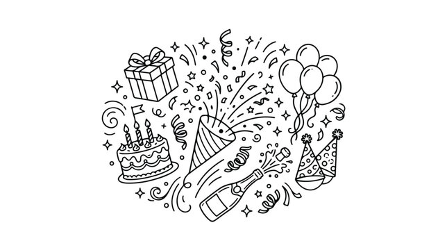 Hand drawn birthday party doodle collection, festive celebration icons with cake and balloons, black and white line art vector for greeting cards