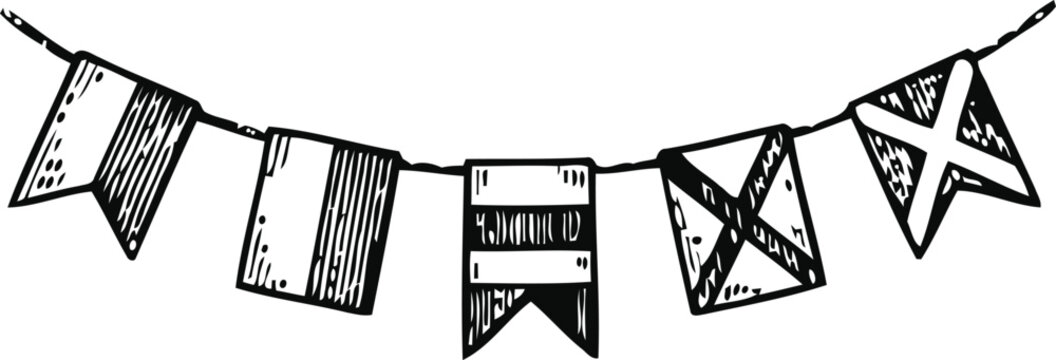 Nautical signal flags strung together in an engraving vintage style on a white background