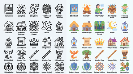 Fototapeta premium Collection of Fantasy and Folklore Icons, Including Storybooks, Campfires, Mythical Creatures, and Village Houses.