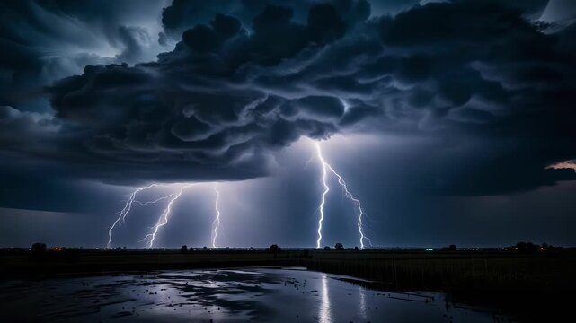 Dramatic night sky showcases dark storm clouds unleashing bright lightning strikes, creating powerful and awe inspiring weather