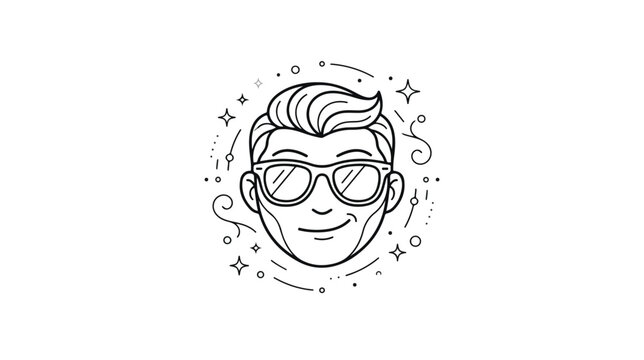 Minimalist line art man wearing sunglasses, stylish male avatar with pompadour hairstyle, modern black and white vector portrait with decorative stars