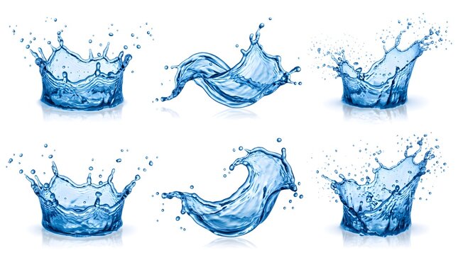 Multiple blue water splashes forming crown shapes and dynamic waves isolated on a clean white background captured with sharp focus and high speed motion to showcase liquid transparency and fluid movem