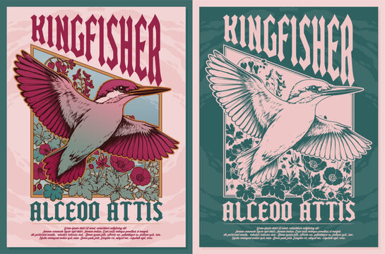 Victorian Kingfisher Poster Template Art Nouveau Floral T Shirt Print Book Cover Sticker