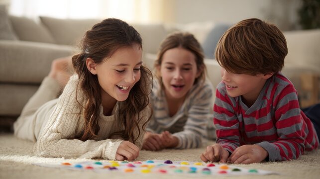 Three happy children playing a colorful board game together on the floor