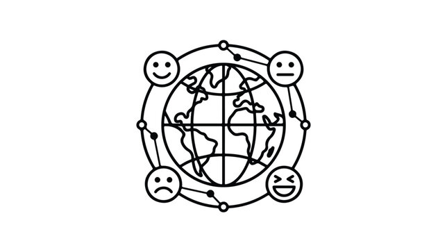 Global customer feedback icon, world globe with emoji faces and network lines, international social media sentiment vector illustration
