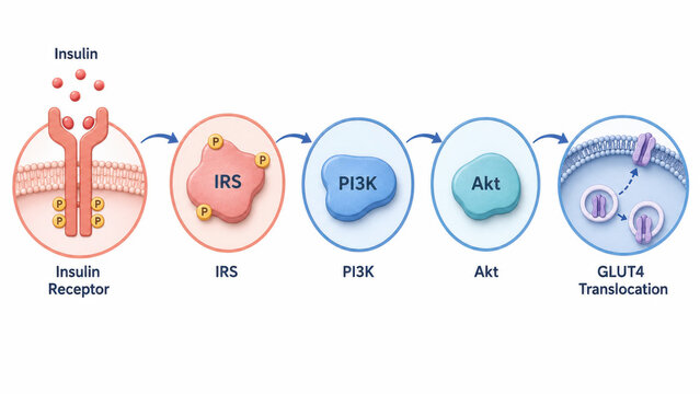 Insulin signaling pathway diagram showing receptor activation, IRS, PI3K, Akt nodes, and GLUT translocation steps connected by curved arrows