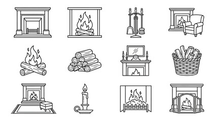 Fototapeta premium Cozy Fireplace Icons Set: Illustration of Hearth Elements