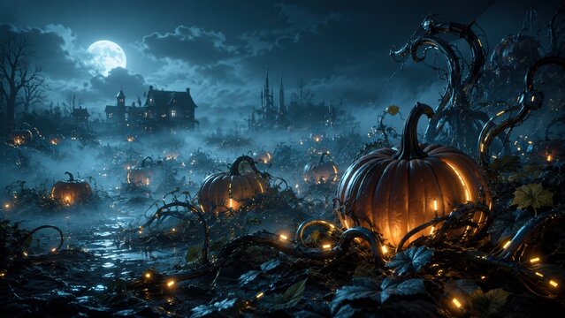 spooky, moonlit pumpkin patch with glowing pumpkins, fog, and eerie trees surrounding a haunted house under a cloudy night sky.