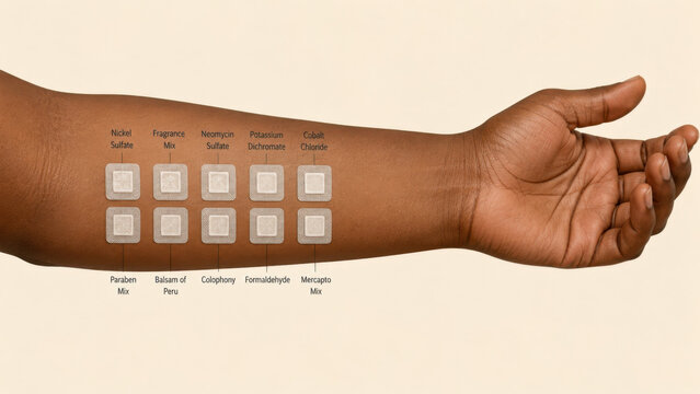 Dark skin tone forearm with patch test grid showing labeled allergen squares on inner arm surface for dermatology allergy testing concept on cream background
