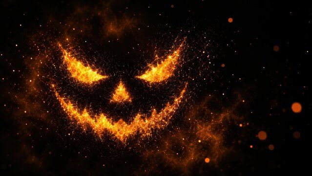  fiery, glowing jack-o'-lantern face with a sinister smile and triangular eyes emerging from dark sparks and embers.