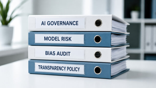 Stacked office binder with spine label on AI governance, model risk, bias audit, and transparency policy on white surface