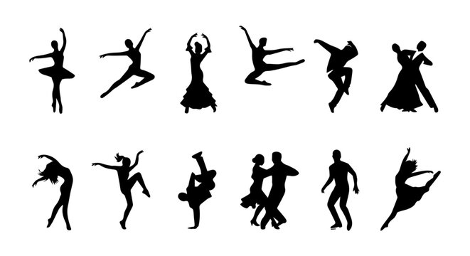 Diverse Dance Silhouettes: Ballet, Ballroom, Hip Hop, Contemporary, Vector Icons