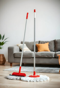Two mops standing on wooden floor in living room