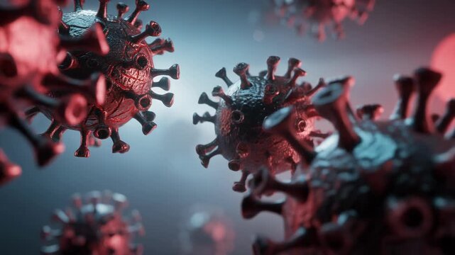 Dynamic close up animation showcasing virus particles floating softly lit environment, highlighting intricate details