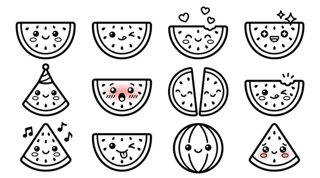 Cute Kawaii Watermelon Slices with Happy Faces and Emotions