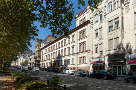 view to the historic buildings at the Wilhelm street nicknamed Rue by the locals, the urban boulevard in Wiesbaden, the state capital of Hesse, Germany.