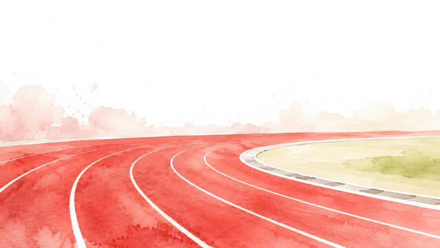 Watercolor illustration of empty athletics running track curve with lane marking, soft red and white tone, loose wash technique, copy space above, sport venue