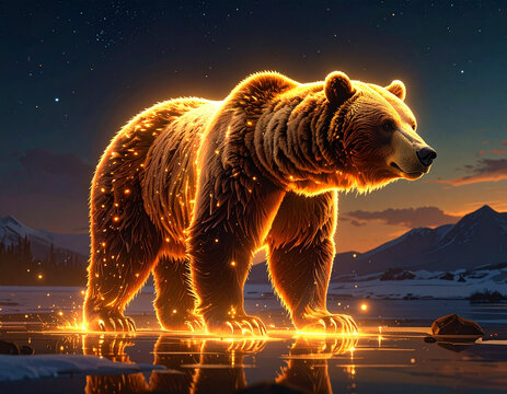 Luminous bear in fiery glow against starry night sky
